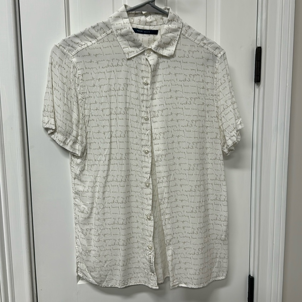 Silky Button Up with Word Print in Cream on White